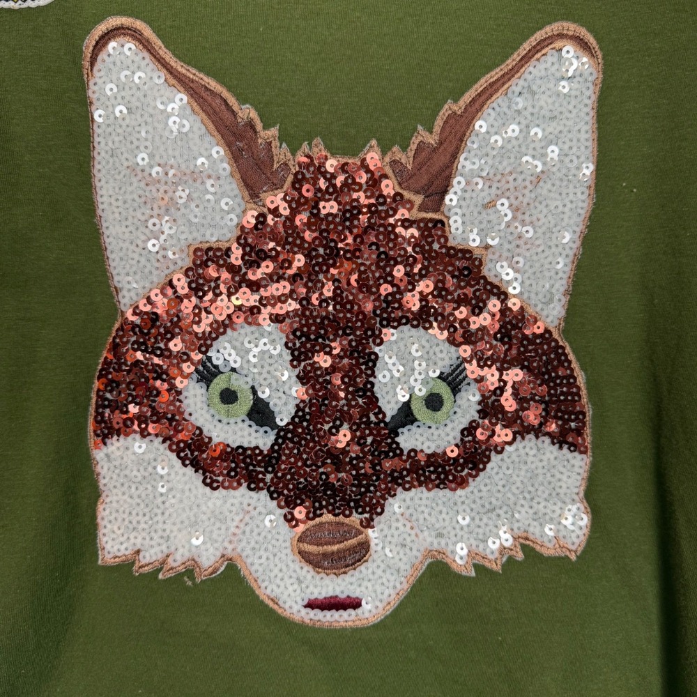 KOCH Fox Sequin Graphic Tee Women Medium Olive Green Embellished USA Cotton
